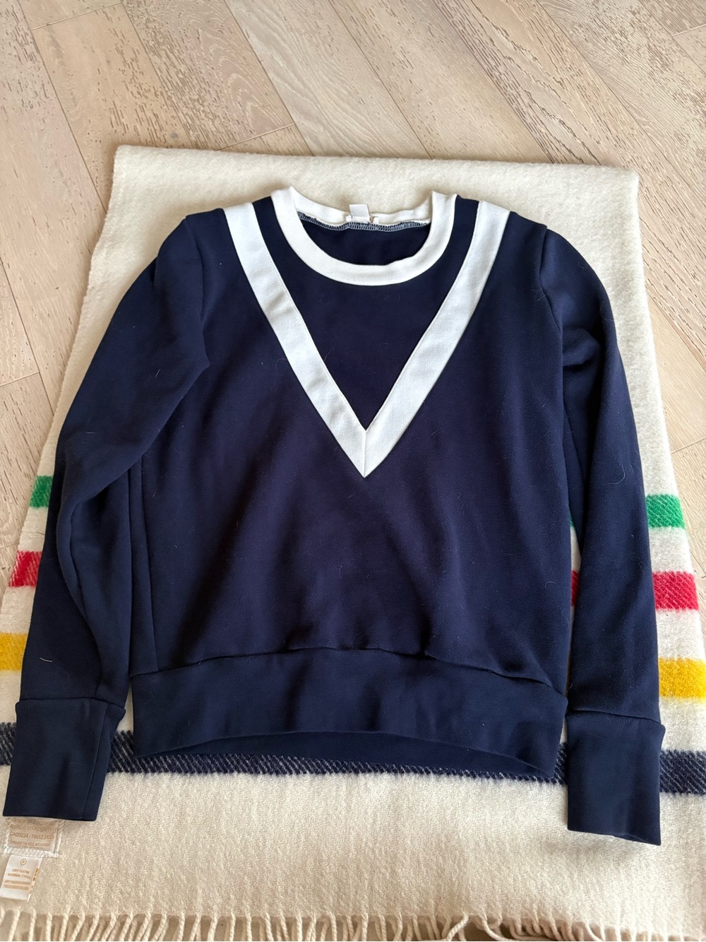 J. Crew Navy V-Detail Crewneck Sweater with White Trim